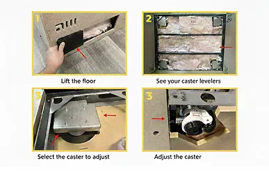 Four photos — 1, lift the floor panel; 2, see your caster levellers; 3, select the caster to adjust; adjust the caster with the handle.
